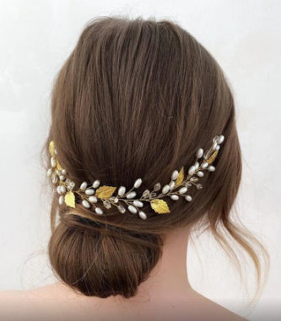 Vintage Gold Leaf Headband with Rhinestones Pearl Hair Vine Bridal Tiara Rustic Amazon.com : Kercisbeauty Gold Flower Leaf Vintage Headband  main image 3