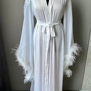 White feather robe Long silk robe  Silk boudoir robe lace bride robe long bridal robe Bridal robe with train Sheer robe Plus Size Robe