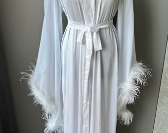 Long Feather Robe White Feather Silk Bridal Robe boudoir robe Satin robe with feather Bachelorette party robes Bride Robe Getting Read