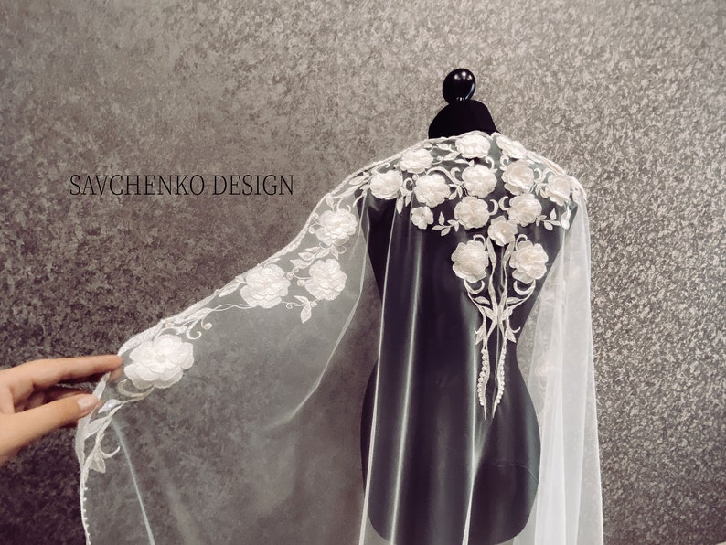 3d veil Spanish veil with 3d flowers,cathedral wedding veil,3D Veil for Bohemian Bride,Juliet Cap Veil,Bohemian Chapel Length Veil