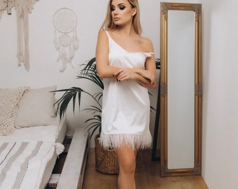 Feather Trim Bridal Nightgown: White Boudoir Slip, Bridesmaid Gift