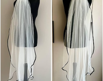 Black ribbon ivory veil Satin ribbon veil Cathedral gothic veil Vintage Wedding veil Black Simple Wedding Veil White/ivory black Tulle Veil