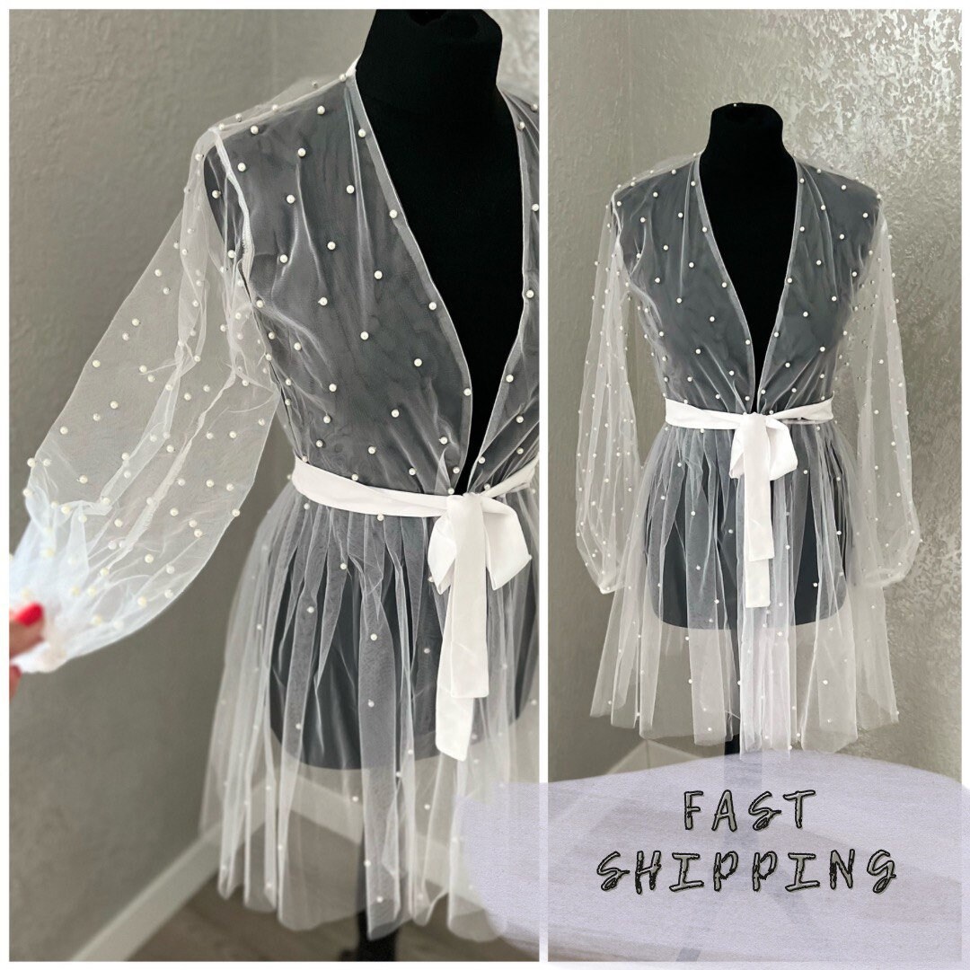 Pearl Bridal Robe Tulle Wedding Bridal Getting Ready Gown White Boudoir ...