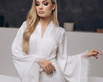 Feather Trim Silk Robe: Long Bridal Boudoir Robe