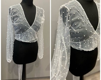 Bridal topper with pearls Pearl Beaded Bridal Bolero Pearl Tulle Jacket Sheer Wedding Wrap tulle wedding dress topper Wedding Dress Cover