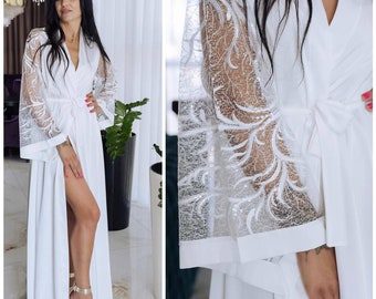 Bridal robe with lace sleeves bridal lingerie Plus size robe Honeymoon sheer robe Glitter wedding robe lace lingerie Bridal Shower Gift