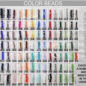 May include: A chart of 96 different colored glass beads. The beads are arranged in rows of 16, with each bead labeled with a number from 1 to 96. The chart also includes the Pantone color codes for some of the beads.