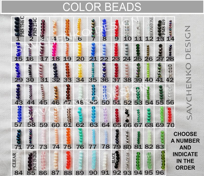 May include: A chart of 96 different colored glass beads. The beads are arranged in rows of 16, with each bead labeled with a number from 1 to 96. The chart also includes the Pantone color codes for some of the beads.