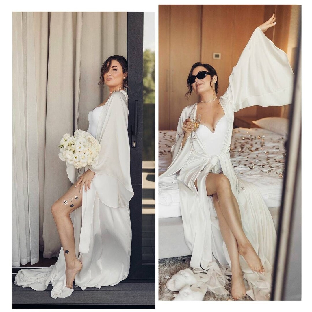 Robe de mariee longue blanche Robe boudoir en satin de soie Robe de soiree nuptiale Robe de chambre cadeau de demoiselle d honneur Robe longue en soie Robe de mariee avec train Etsy France