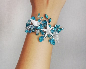 Blauer Seestern Perlen Armband: Hochzeit Strand Meerjungfrau Schmuck