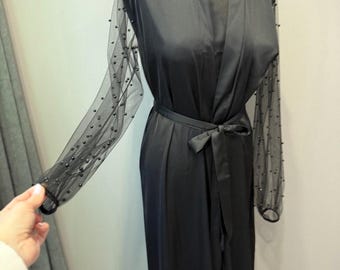 Black Robe with Pearl Sleeves Black pearls  Robe Tulle Bridal Robe Wedding Boudoir Gown Pearls Sheer robe  kimono robe Silk robe Gift