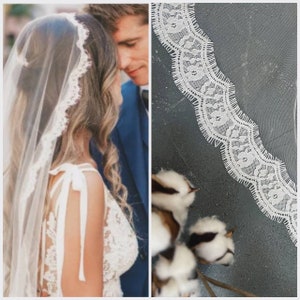 Wedding veil fingertip Ivory wedding lace veil boho ace edged fingertip veil Simple mantilla veil with lace Cathedral wedding veil