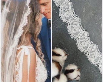 Wedding veil fingertip Ivory wedding lace veil boho ace edged fingertip veil Simple mantilla veil with lace Cathedral wedding veil