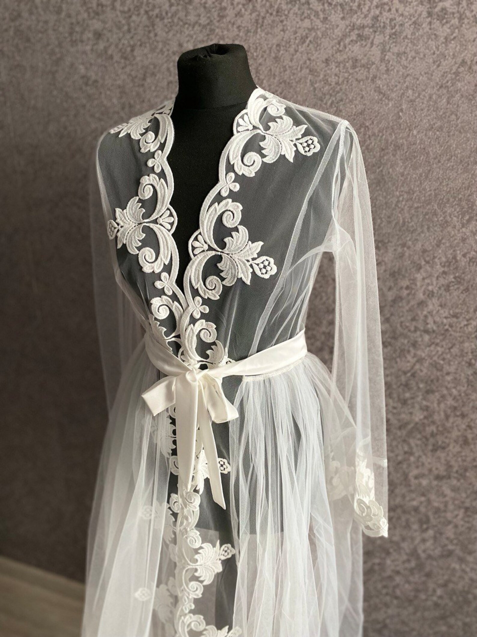 Sheer Lace Silk Robe Full Lace Bridal Robe White Lace Embroidered Bride ...