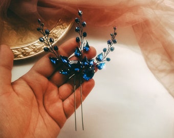 royal blue hair pins bridal hair accessories wedding hair comb sapphire bridal headpiece comb navy blue crystal rhinestone Beach hairclip