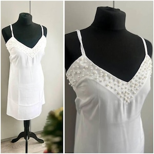 White beaded Slip bridal getting ready pearl lingerie wedding day robe white Pearl slip dress Nightdress Bride Getting Ready Outfit