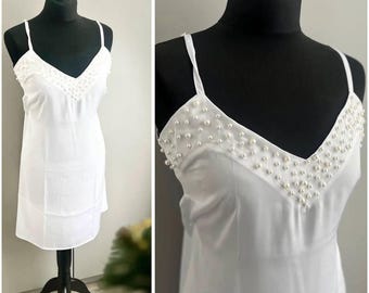 White beaded Slip bridal getting ready pearl lingerie wedding day robe white Pearl slip dress Nightdress Bride Getting Ready Outfit