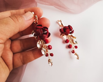 Burgundy Fabric Flower Earrings: Bridal Crystal Jewelry