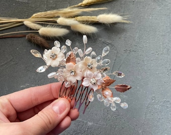 Bridal Floral Hair Comb beach wedding hair accessories Baby's Breath Accents Bridal Hair Flower Rose Gold Flower Hair Comb Hair vine Wedding