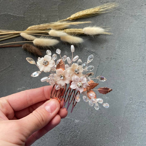 Bridal Floral Hair Comb beach wedding hair accessories Baby's Breath Accents Bridal Hair Flower Rose Gold Flower Hair Comb Hair vine Wedding