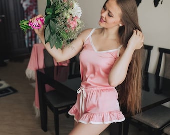 Pink Ruffle Pajama Set: Striped Bridesmaid PJs