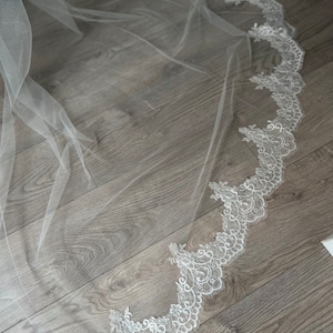 May include: A white tulle wedding veil with a delicate lace trim. The lace trim features a floral design with intricate details.