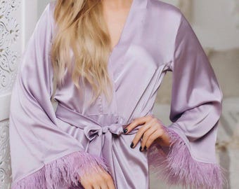 Lavender Feather Robe Bridal Party Robes Bridesmaid Dressing Gowns Wedding Lingerie Lilac boudoir lingerie Purple robe with feather Pajama