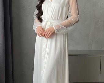 Bridal Robe with Pearl Sleeves Long Pearls Bridal Robe Boudoir Dressing Gown Pearls Sheer robe Wedding Day Robe Bride White Robe with Pearls