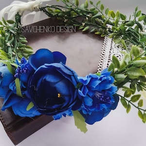 navy blue flower crown royal blue floral headband crown wedding flower crown boho flower headpiece blue navy floral tiara blue hair wreath