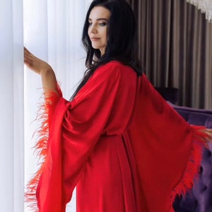 Red Feather Robe Burgundy silk robe Hollywood Style Bridal Boudoir Robe Red Feather Trim Robe Ostrich Feathers robe Red Luxury Silk Robe image 1