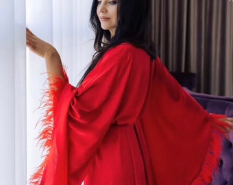 Red Feather Robe Burgundy silk robe Hollywood Style Bridal Boudoir Robe Red Feather Trim Robe Ostrich Feathers robe Red Luxury Silk Robe