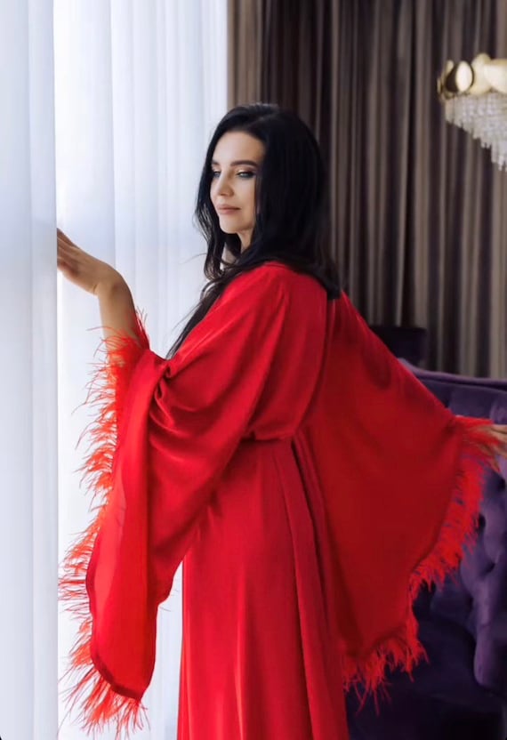 Red Feather Robe Burgundy silk robe Hollywood Style Bridal Boudoir Robe Red Feather Trim Robe Ostrich Feathers robe Red Luxury Silk Robe