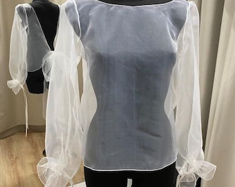Chemisier de mariée en organza de soie transparente, chemisier de mariée en organza, robe de mariée, chemisier de mariée blanc, haut de mariée moderne transparent, haut pour femme élégante