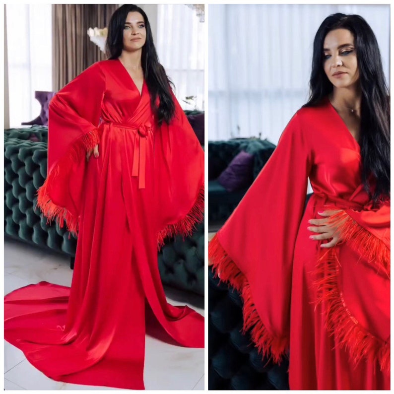 Red Feather Robe Burgundy silk robe Hollywood Style Bridal Boudoir Robe Red Feather Trim Robe Ostrich Feathers robe Red Luxury Silk Robe image 4