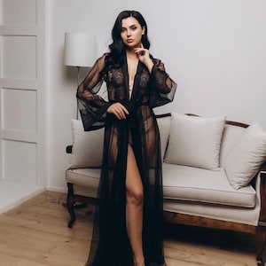 Black Lace Robe Silk Lace Bridal Party Robes Sheer lace robe Gothic Long Black Lace Robe lace bridal robe lace night robe Black wedding image 5