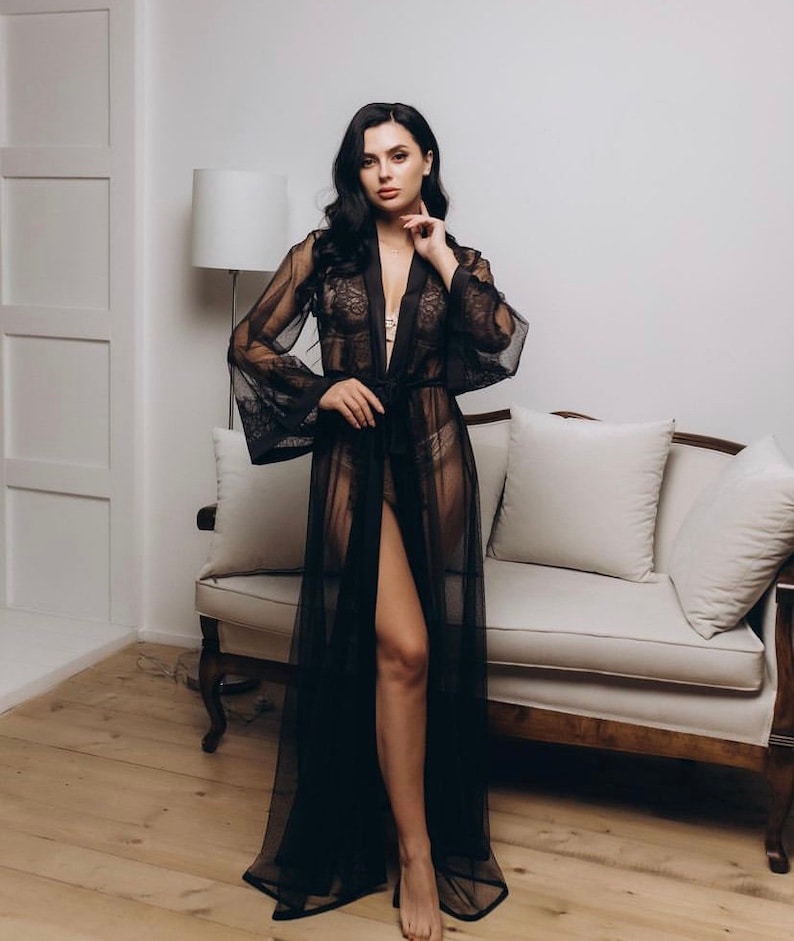 Black Lace Robe Silk Lace Bridal Party Robes Sheer lace robe Gothic Long Black Lace Robe lace bridal robe lace night robe Black wedding image 5