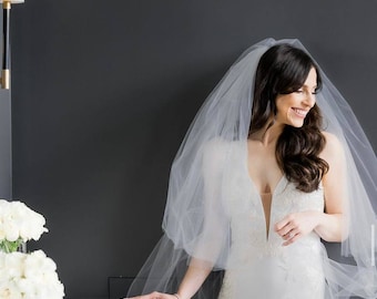 2 Tier Wedding Veil: Soft Tulle with Raw Edge and Blusher