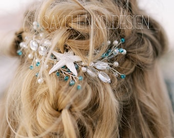 Seashell Starfish Hair Vine Teal Beach Wedding Hair Accessory Beach headpiece seashell crown Seashell Bridal Hair Vine Seashell wedding
