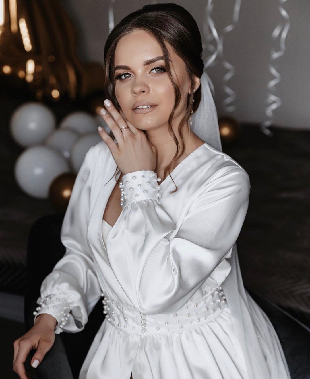 White Wedding Robe Wedding Robe With Pearl Boudoir Robe With Pearls