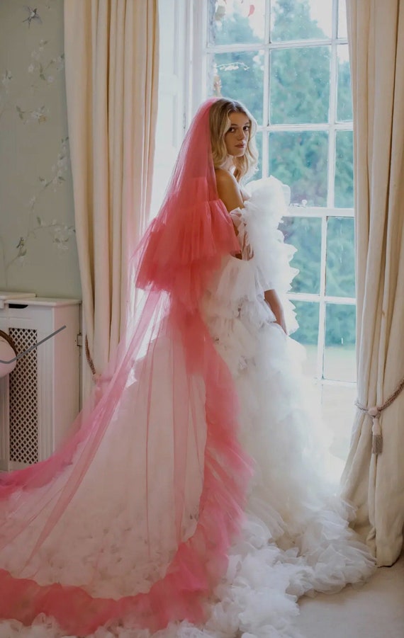 Pink Wedding Veil With Ruffles Pink Bridal Veil Hen Party Veil