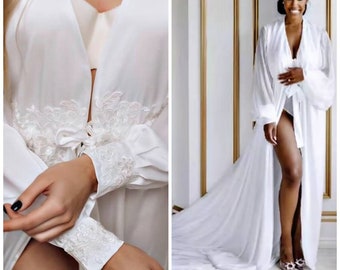 Luksusowy koronkowy szlafrok ślubny z kości słoniowej, szlafrok Chantilly z trenem, ślubny, przezroczysty kimono, długi koronkowy szlafrok, szyfonowy szlafrok ślubny, buduar