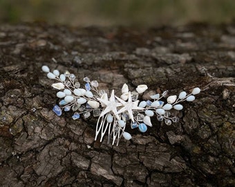 Starfish Hair Comb: Beach Wedding Hairpiece with Moonstone & Shells