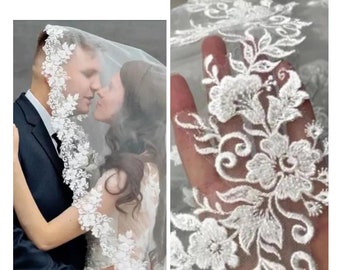 Lace Mantilla Wedding Veil Cathedral Long Veil Embroidery Floral Lace Trim Wedding Veil veil with flower lace floral veil leaf & flower veil