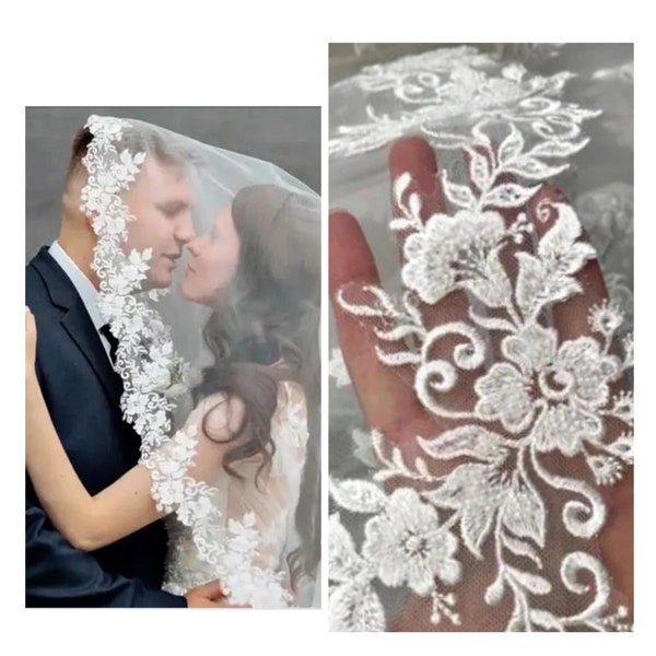 Voile de mariage mantille dentelle cathédrale long voile broderie bordure en dentelle florale Voile de mariage avec fleur voile floral voile feuille et fleur