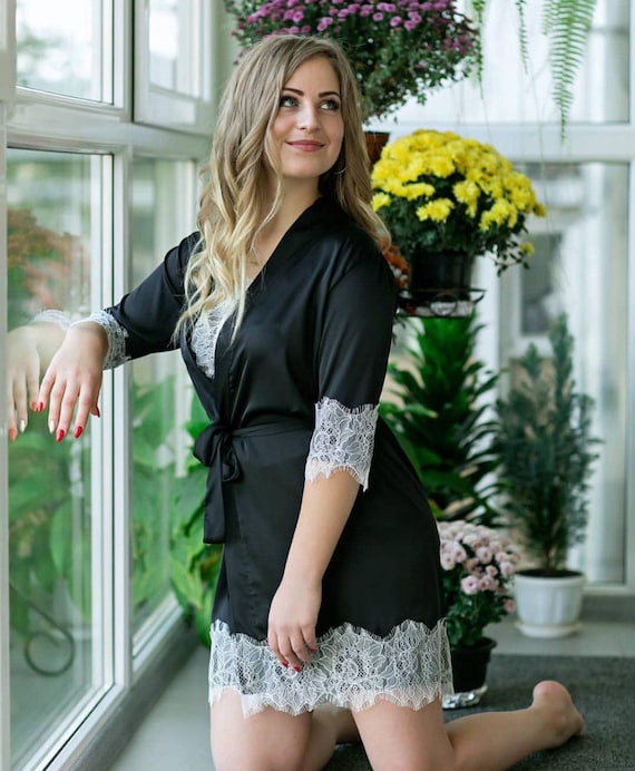 Vestaglia nera in pizzo, regalo di Natale per lei, vestaglie da - Main Image