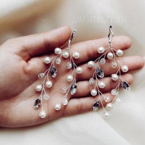 Crystal Pearl Chandelier Earrings: Silver Wedding Dangle Earrings