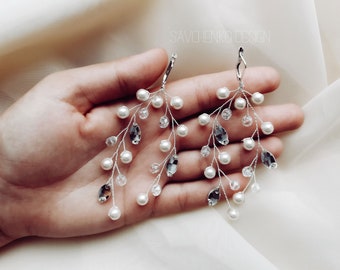 Crystal Pearl Chandelier Earrings: Silver Wedding Dangle Earrings