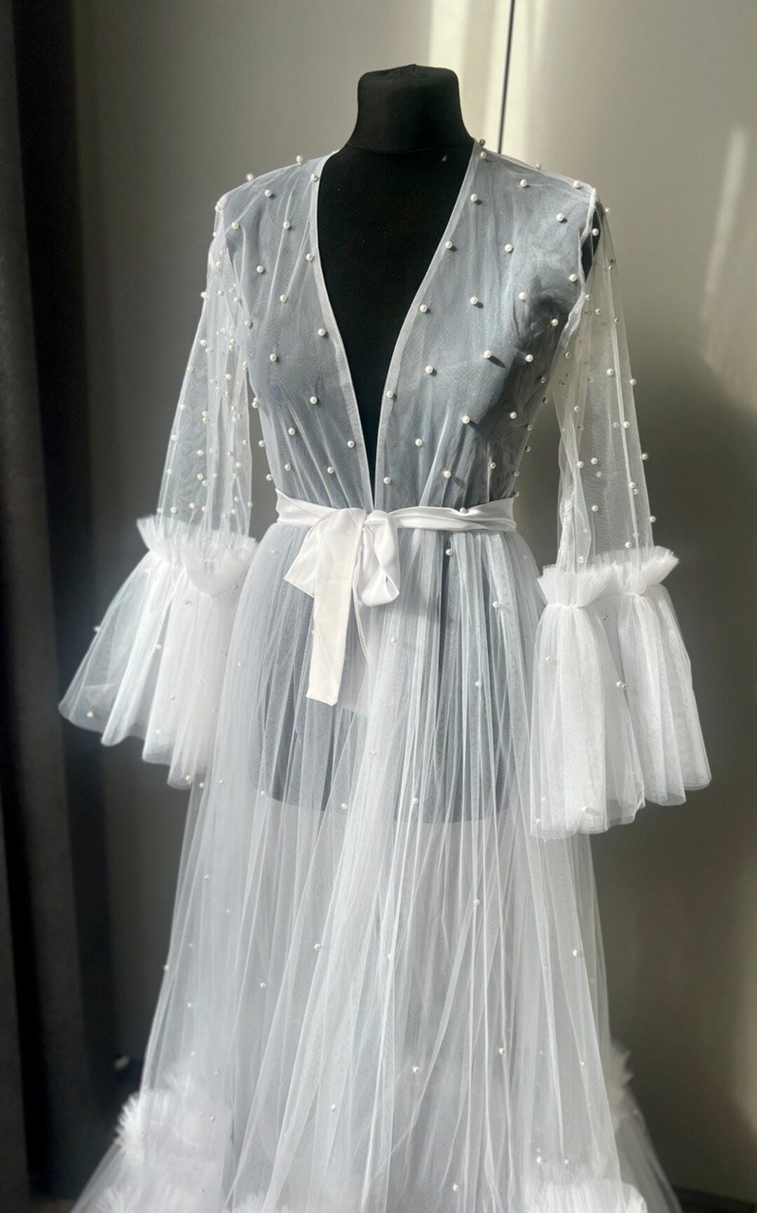 Bridal Robe Ruffle Pearls Bridal Tulle Robe Ruffled Bridal Pearls Robe Getting Ready Sheer ...