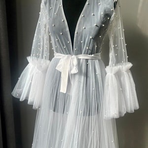 Bridal Robe With Pearl Bridal Tulle Robe Photo shoot pearl dress Maternity Photography Wedding Robe Pregnant Props Gown bridal sheer dress