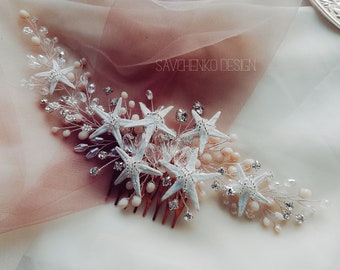 Coral beach wedding hair accessories Starfish hair comb with peach beads Mermaid hair piece Starfish hairpiece Mermaid costume Seashell hair